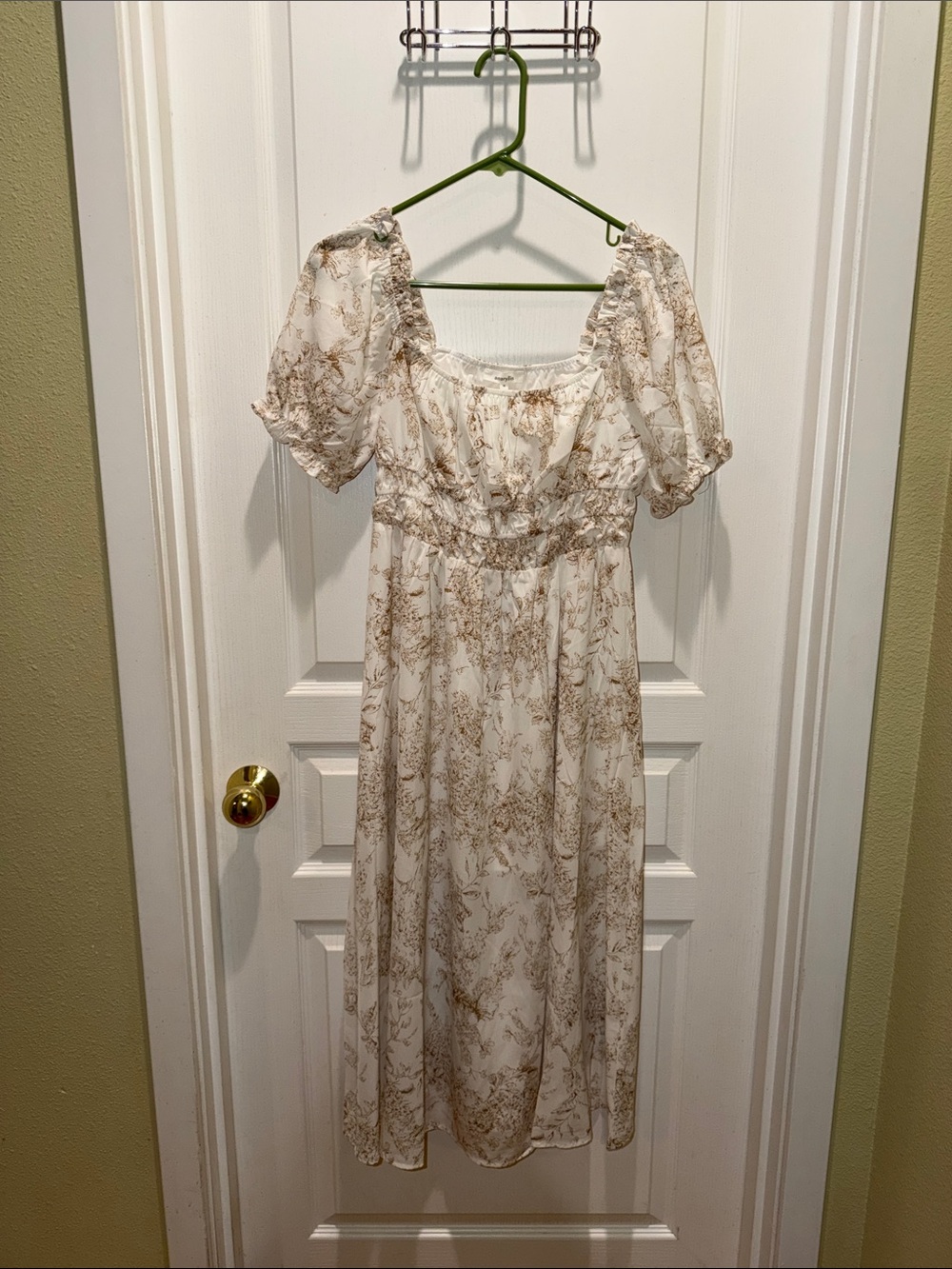 Amaryllis Cream Midi Dress with Tan Floral Print and Puff Sleeves